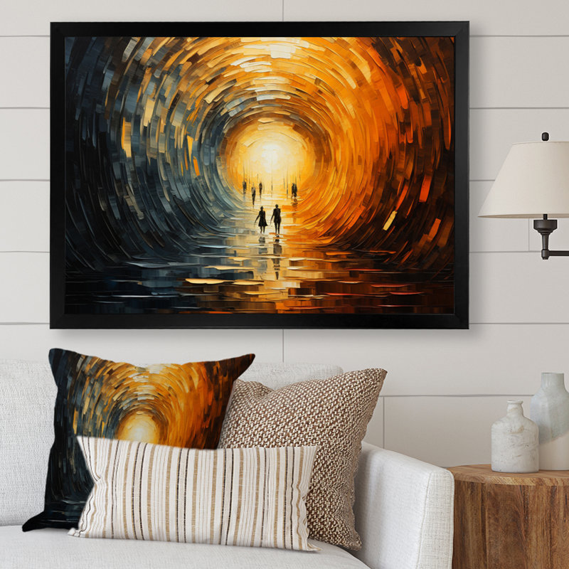 Tunnel abstrait en bois orange sur toile, Cadre simple noir, H 24 po x l 32 po x P 1 po