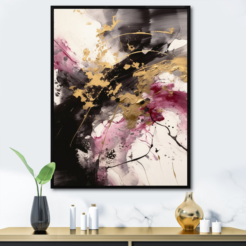 «Gold and Pink Fluid Fusion II», reproduction sur toile, Cadre flottant noir, H 44 po x l 34 po x P 1,5 po