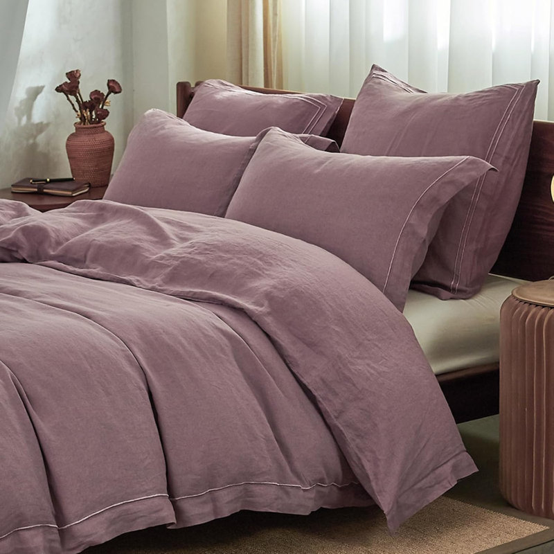 100% Linen Duvet Cover Set, Queen Duvet Cover + 2 Shams, Purple