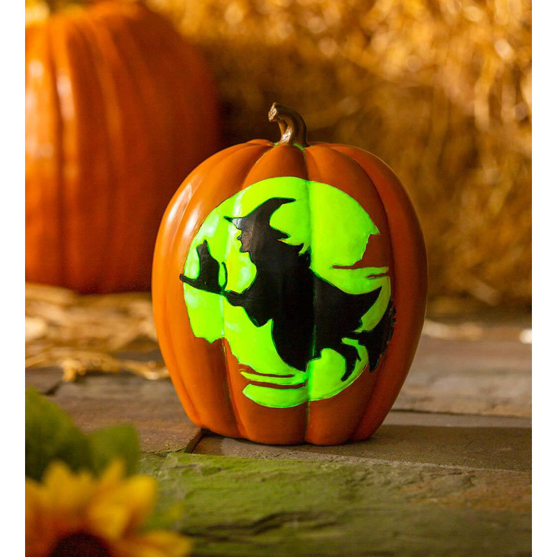 Glow in the Dark Pumpkin with Witch and Moon Figurine