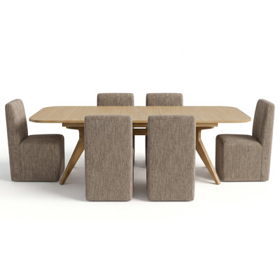 Ensemble de salle à manger extensible 7 pièces en placage de bois avec chaises à roulettes rembourrées