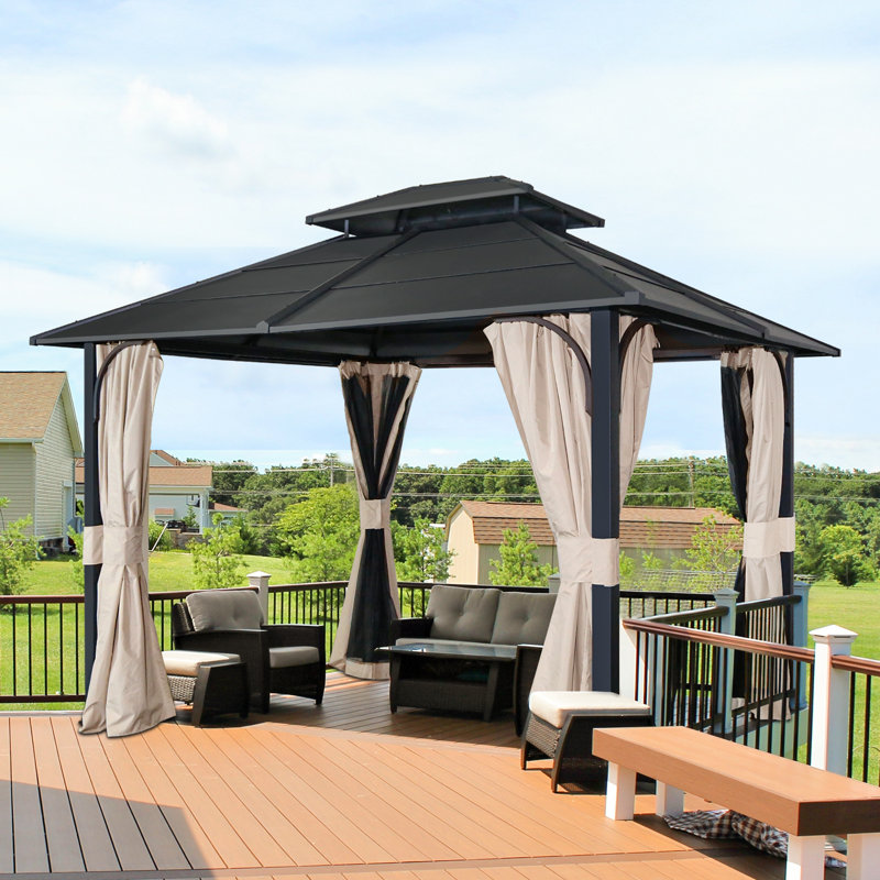 12 Ft. W x 10 Ft. D Metal Gazebo with 4-sided zippered nettings and light beige curtains