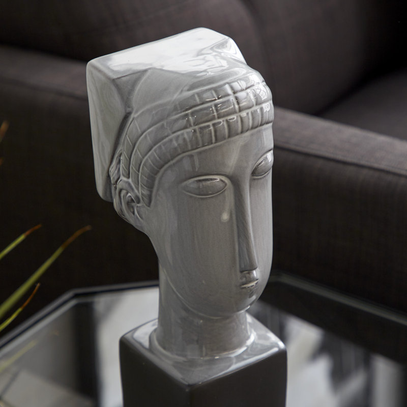 Gray Ceramic Woman Head Sculpture with Painted Finish