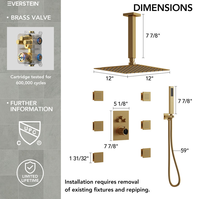 Ceiling Mount 12" Thermostatic Rainfall Shower System with 6 Body Jets and Handheld Spray, Brushed Gold