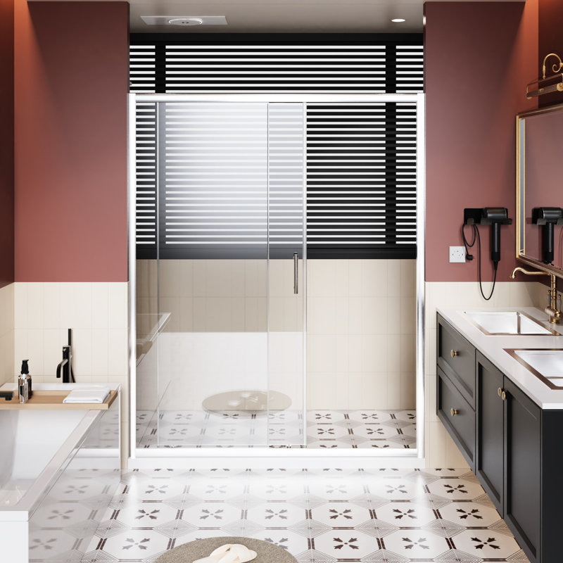 60 In Wide Single Sliding Shower Door Featuring 1/5 Inch Thick Clear Tempered Glass, Finish, Adjustable Width, And Reversible Installation Door, 72 Height X Stainless Steel, Mounting Style