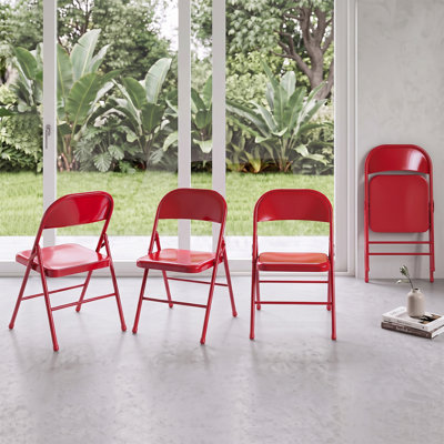 Set of 4 Heavy-Duty Steel Red Folding Chair – Portable Metal Seat, Extra Guest Chair, Dining, Office, Patio, Event & Conference Seating Solution