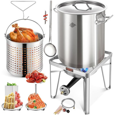 Friteuse à dinde de 52 po en acier inoxydable avec grande cuillère de 36 po, ensemble de brûleurs au propane, marmite à vapeur Tamale avec panier, support à vapeur, pour la cuisson à l'extérieur, ébullition de fruits de mer, ébullition d'écrevis