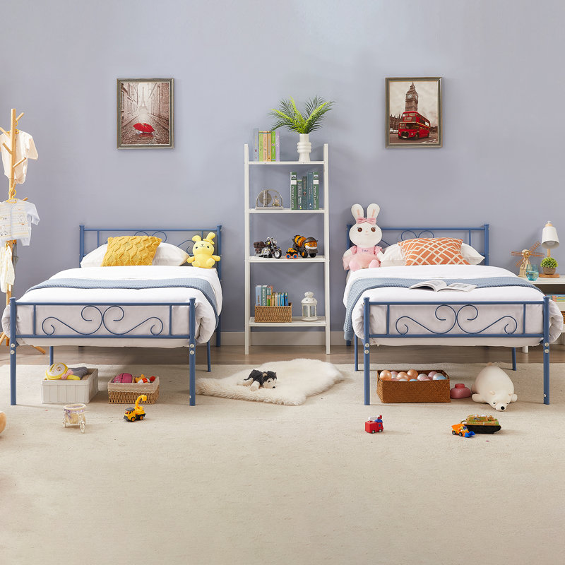 2 Set Bed Frame, 2 Pcs Twin Size Metal Platform Bedframe with Headboard & Footboard, Mattress Foundation with Steel Slat Support, Underbed Storage, No Box Spring Needed (Set of 2)
