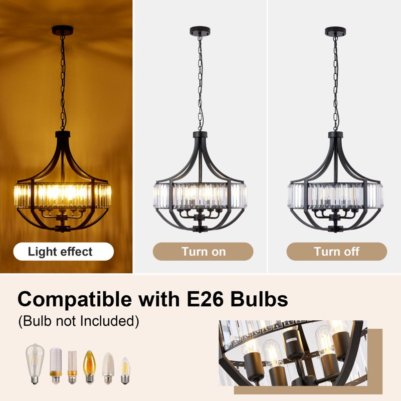 Luminaire suspendu lustre en cristal de fer noir mat, base et poteau réglables, lampe de maison de campagne UL E26 à 5 lumières, ampoules exclues