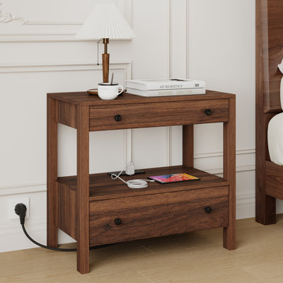 Nightstand with Charging Station, Wood Storage End Table with 2 Drawers & Open Shelf, Modern Bedside Table with USB & Type-C Ports for Bedroom, Living Room, Walnut