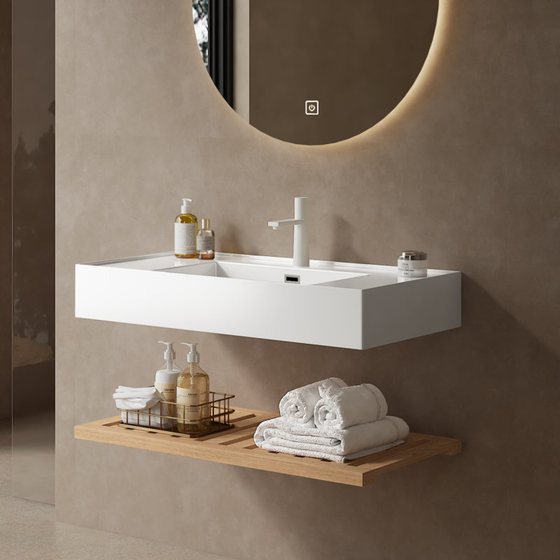 Meuble-lavabo de 48 po Lede, lavabo mural flottant rectangulaire en pierre reconstituée blanche sans robinet, étagère rayée, chêne naturel
