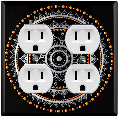 Orange Black Mandala Circle Patterned 2 - Gang Duplex Outlet Standard Wall Plate