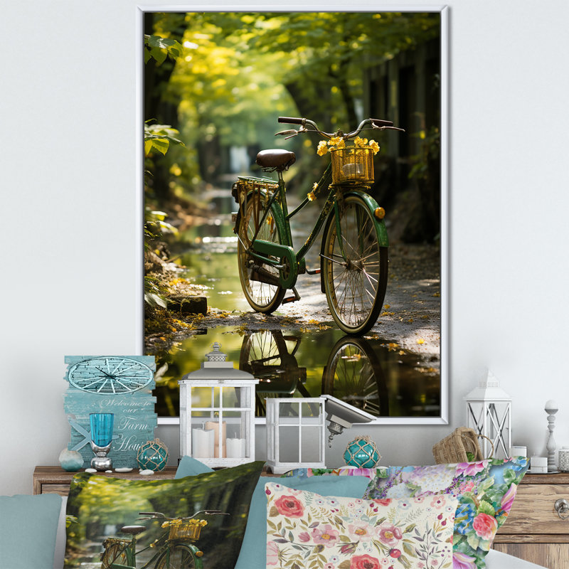 Vélo émeraude sur toile, H 32 po x l 24 po x P 1 po, Cadre flottant blanc