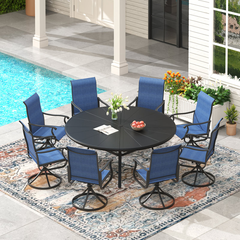Ensemble repas pour terrasse 8 personnes avec plateau en aluminium, Noir / Bleu