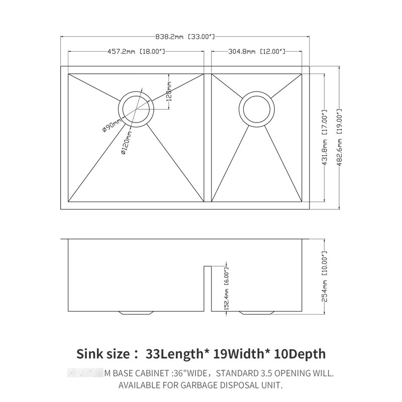33 - Inch 60/40 Undermount Double Bowl Kitchen Sink In Brushed Nickel Finish, 16 Gauge Stainless Steel Build, 10" Deep Basins, Rear 3.5 Drain For Garbage Disposal Units, X Grooves Fast Water