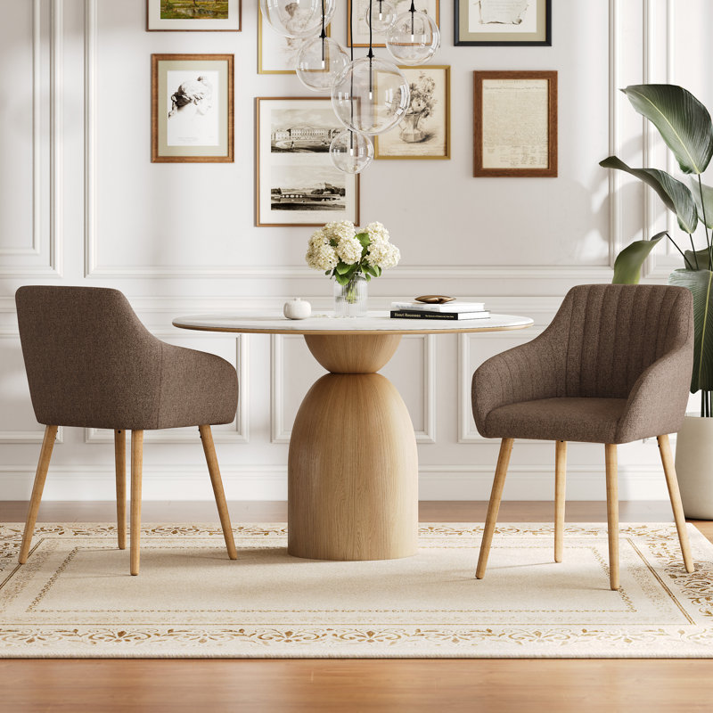 49.5cm H Upholstered Dining Chairs With Wooden Legs, Brown Linen/Natural, 2