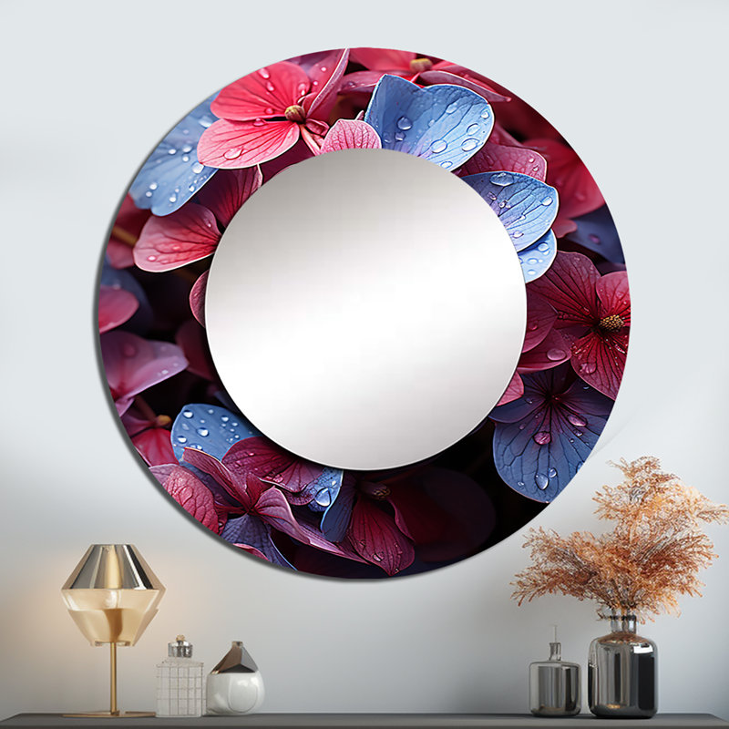 «Neon Pink Hydrangea Harmony I», miroir mural décoratif hydrangée, 36 po x 36 po
