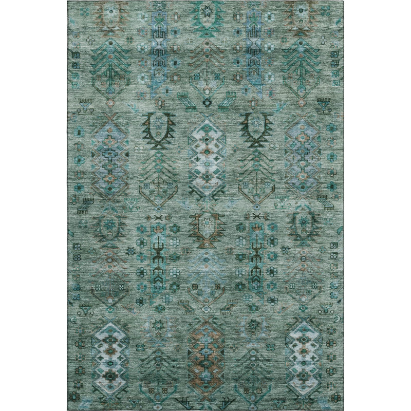 Premium Machine Washable Mayfield AMF2047 Global Rug, Green, 10' x 14'
