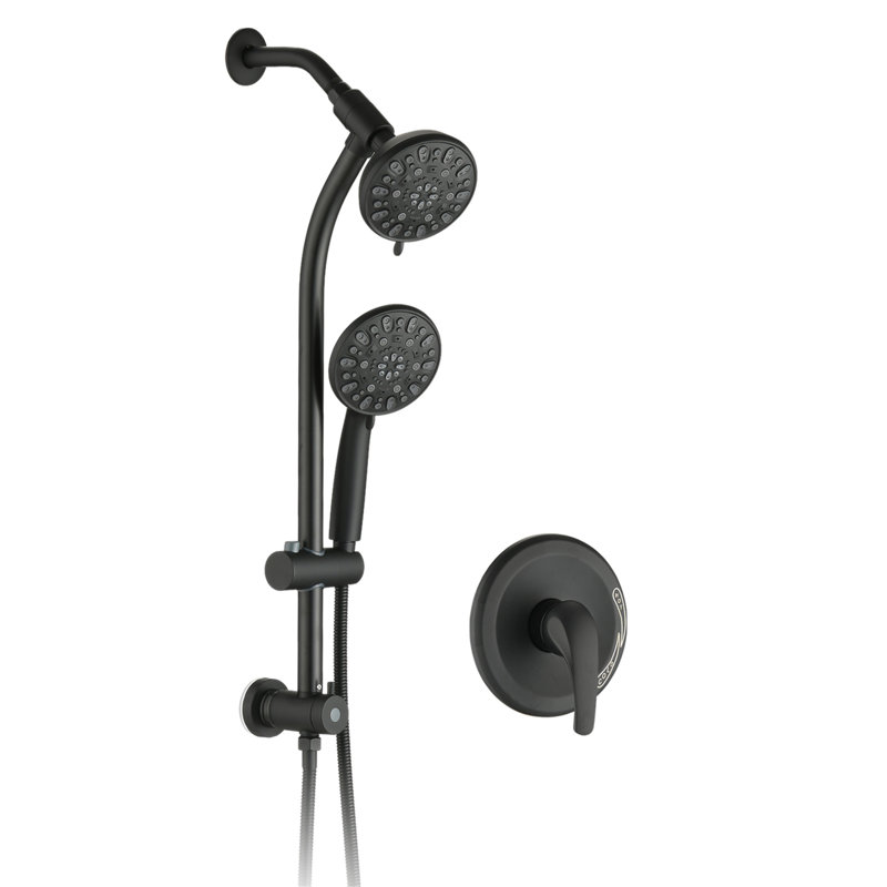 Drill-Free Stainless Steel Slide Bar Combo Rain Showerhead 7-Setting Hand, Dual Shower Head Spa System (Rough-In Valve Included)