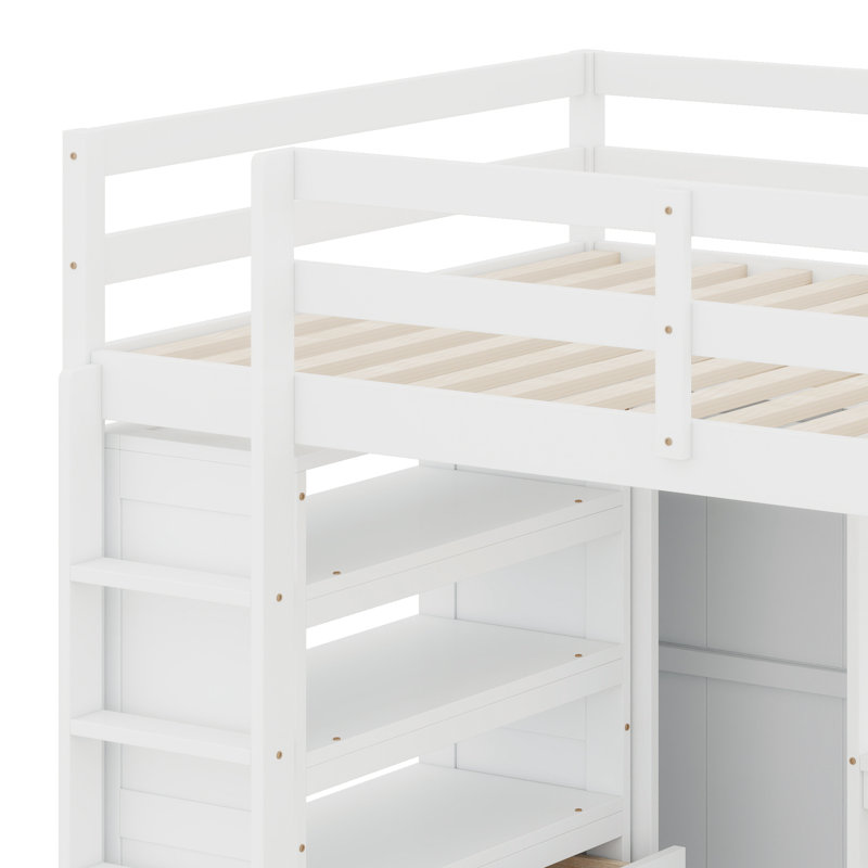 Wood Loft Bed With Built-In Wardrobe, Desk, Storage Shelves And Drawers, White