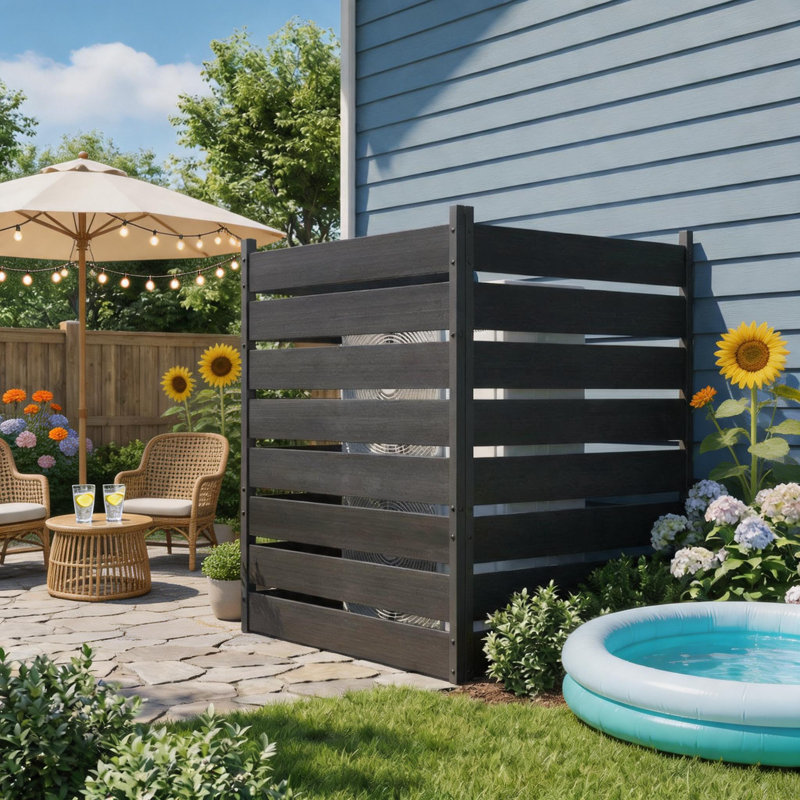 2-Panel Outdoor Privacy Screen, No-Dig Fence for Air Conditioner Concealment, Aluminum Frame with Horizontal Vinyl Slats, Freestanding Enclosure for AC Unit, Pool Equipment, Patio, Backyard.