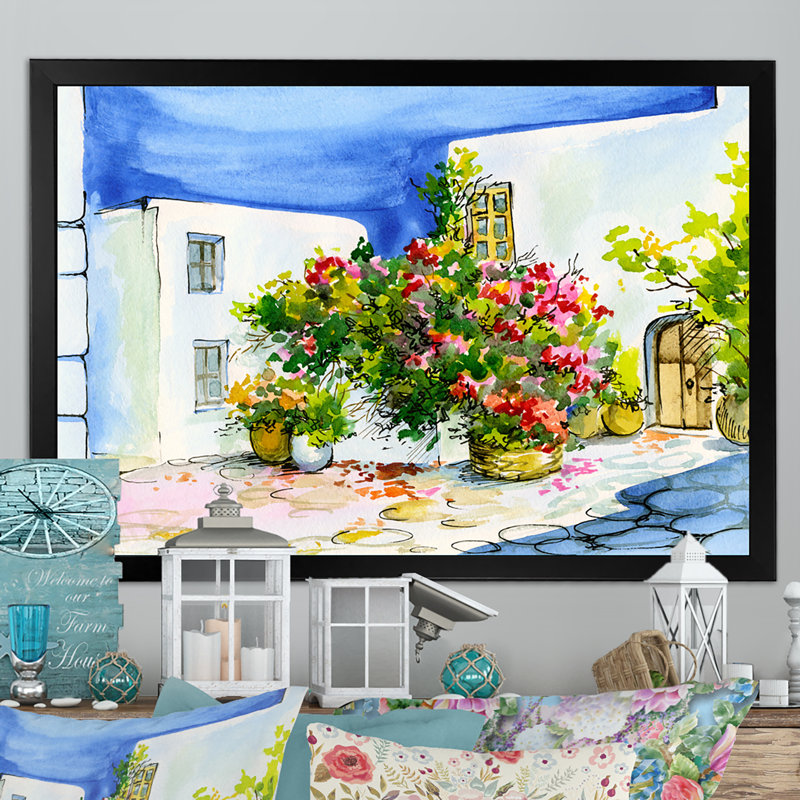 Fleurs colorées dans une maison méditerranéenne X - reproduction de cadre flottant sur toile, H 8 po x l 12 po x P 1 po
