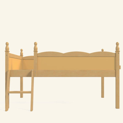 Lit mezzanine avec garde-corps pleine longueur, lit mezzanine bas en bois massif avec échelles et tablette à côté, forme chic et conception à profil bas