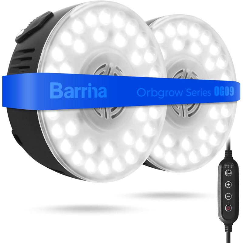 Éclairage pour plantes Barrina Orbgrow Og09 Puck, 5000k 18w (2 x 9w, 270 Watts équivalent), lumière à spectre complet pour plantes d'intérieur, magnétique et connectable avec minuterie, 5 niveaux à intensité variable pour tablette, 2 paquets, noir