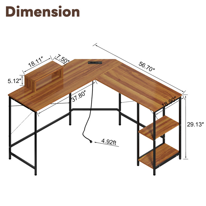 Bureau de jeu en L avec prises de courant et ports de charge USB, grand bureau à domicile, bureau d'écriture, facile à assembler, grain de chêne