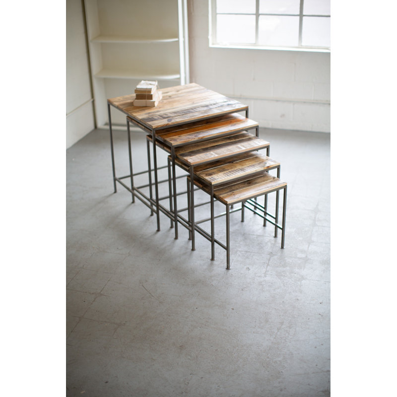 Set of Five Recycled Wood and Iron Nesting Display Tables