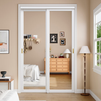 60"x 96" White 1-Panel Mirror Sliding Door with Hardware Kit And Gold Upgrade Handles for Closet and No Assembly Required For Closet,Pantry,Living room