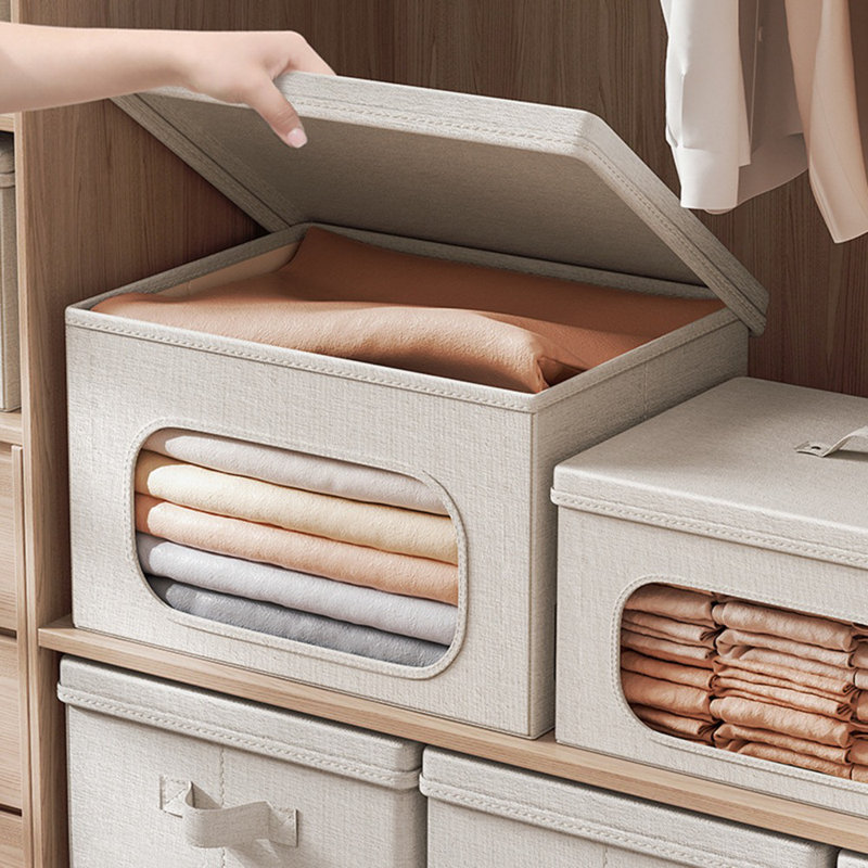 Boîte de rangement en tissu 2 pièces avec couvercle et poignée, mélange de lin en coton Tianshan, pliable, convenant pour le rangement dans les chambres à coucher, les salons et les dortoirs, beige (L 17,7 po x l 13,7 po x H 10,2 po)