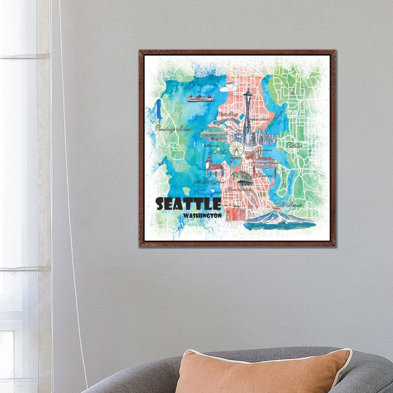 Seattle Washington Illustrated Map 1 Piece Painting on Canvas, 66.04cm H x 66.04cm W x 3.81cm D