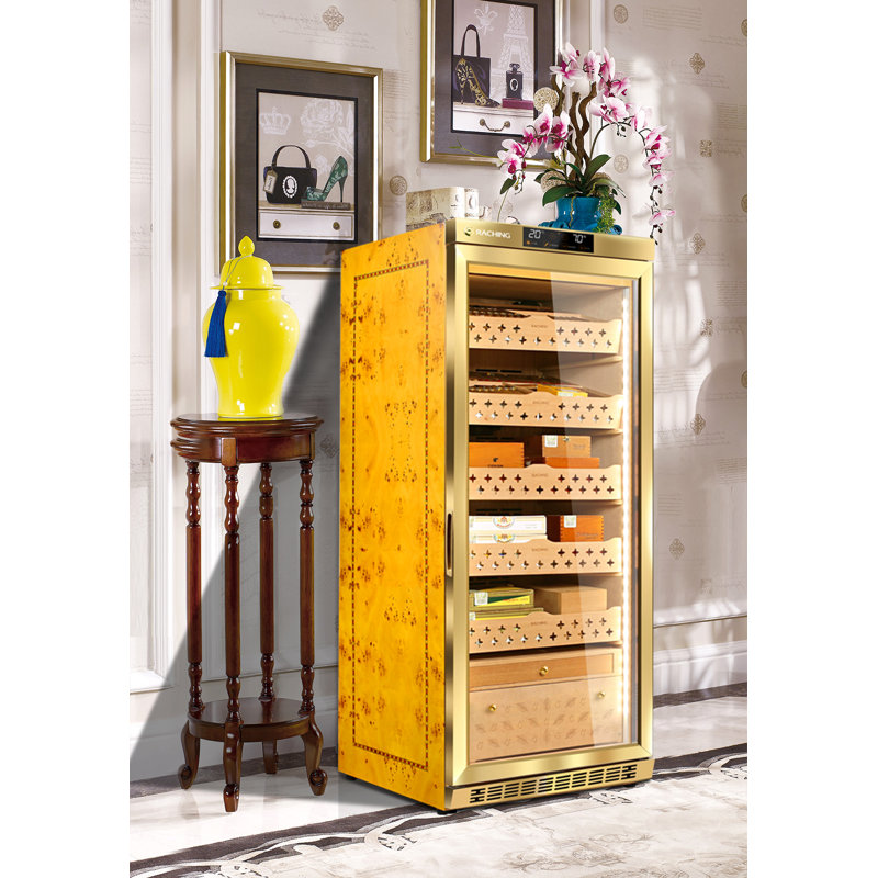 Cigar Climate Control Cabinet, Raching MON1800A Cigar Humidor Cabinet with Ammonia Removal, 230L Wood Frame Cabinet for Cigar Storing&Aging- Gold 