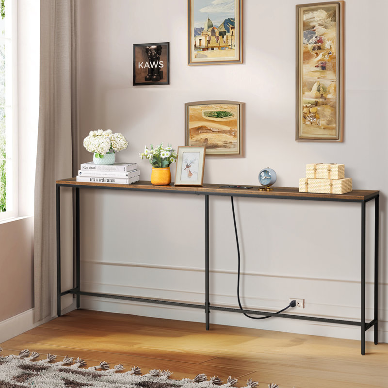 70.9'' Narrow Long Rustic Entryway Table for Behind the Living Room Sofa with 2 Power Outlets and USB Ports, Brown Wood