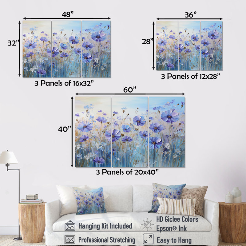 Cornflowers Serenity Flowers Field I - Ensemble de décoration murale champ de fleurs, H 28 po x l 36 po x P 1 po