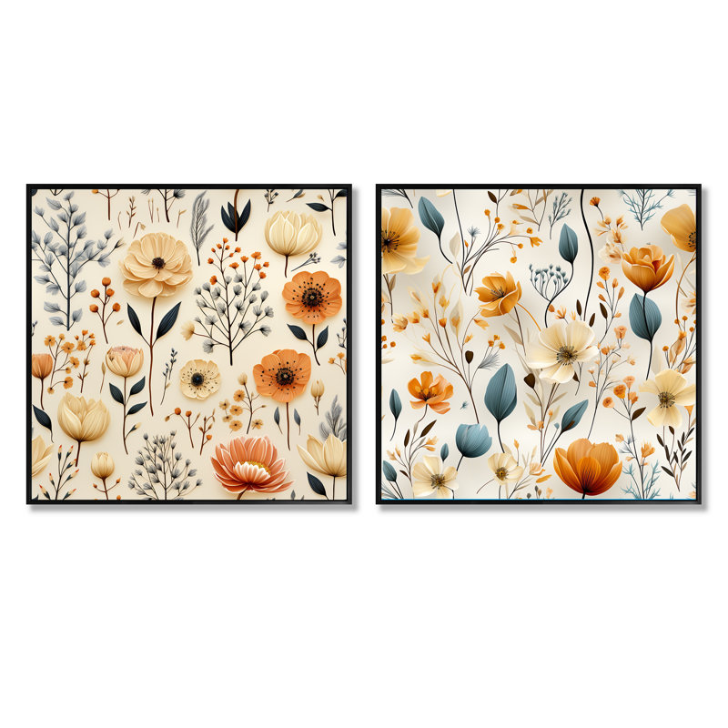 Swanley - Ensemble de 2 collages carrés botaniques abstraits, Cadre flottant noir, H 16 po x l 33 po