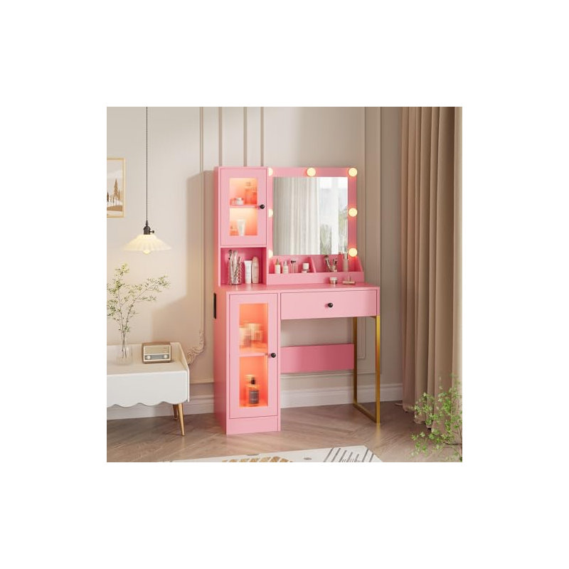 Makeup Vanity Desk with Mirror & Adjustable LED Lights, Modern Vanity Table with Open Shelves & Acrylic-Door Cabinets, Pink