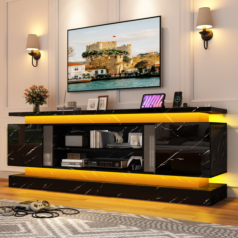 70" Modern Tv Stand With Led Lights & Built-In Power Outlet – High Gloss Media Console For Tvs Up To 80", Gaming Entertainment Center,  For Living Room,Bedroom