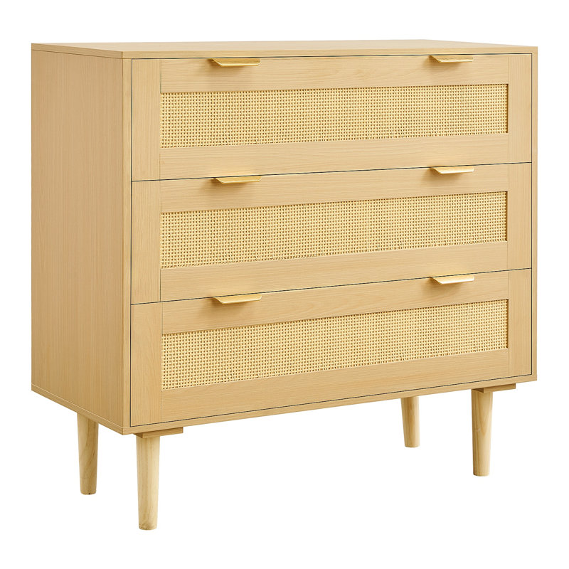 Commode 3 tiroirs en rotin, commode moderne, commode en rotin naturel avec poignées en métal et pieds en bois, rangement pour vêtements