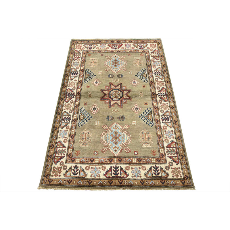 Tapis oriental géométrique en laine noué à la main brun 4 pi 1 po x 6 pi Kazak