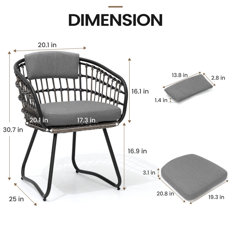  Outdoor Metal Wicker/Rattan Dining Chair With Removable Cushion, Gray