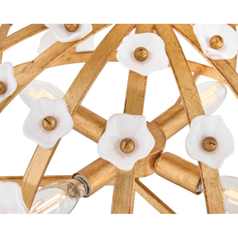 Distressed Brass and White Glass Floral LED Semi-Flush Mount