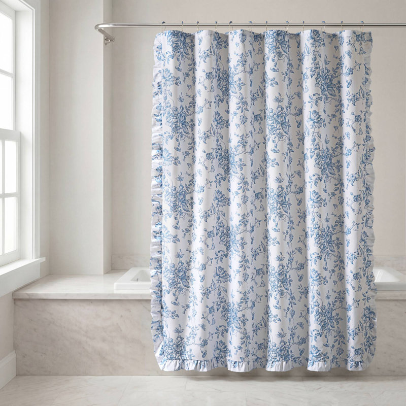 Adele Floral Ruffle Shower Curtain Set, Blue, 72x84"