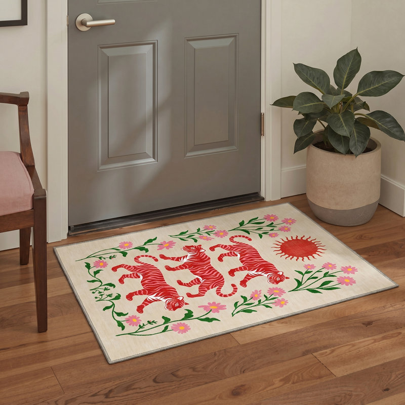 Abraham Tigris Floral Machine Washable Beige / Red Indoor Area Rug with Non-Slip Backing, Round 5'