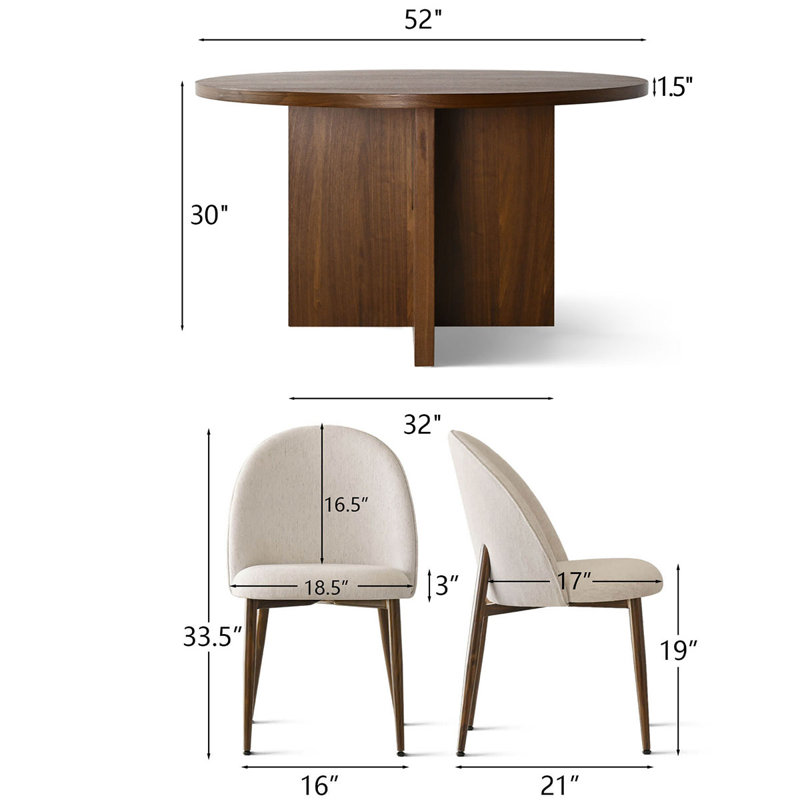 7-Piece 52" Round Walnut Dining Set For 6, Beige