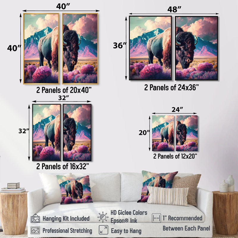 Buffalo avec paysage - crème, art mural moderne, H 20 po x l 24 po, Reproduction encadrée sans passe-partout, Noir