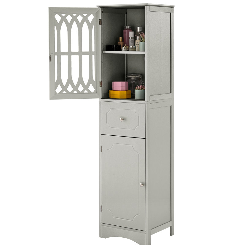 Armoire de salle de bain à panneau haut - gris avec tiroir, portes et armoire à tablettes réglables