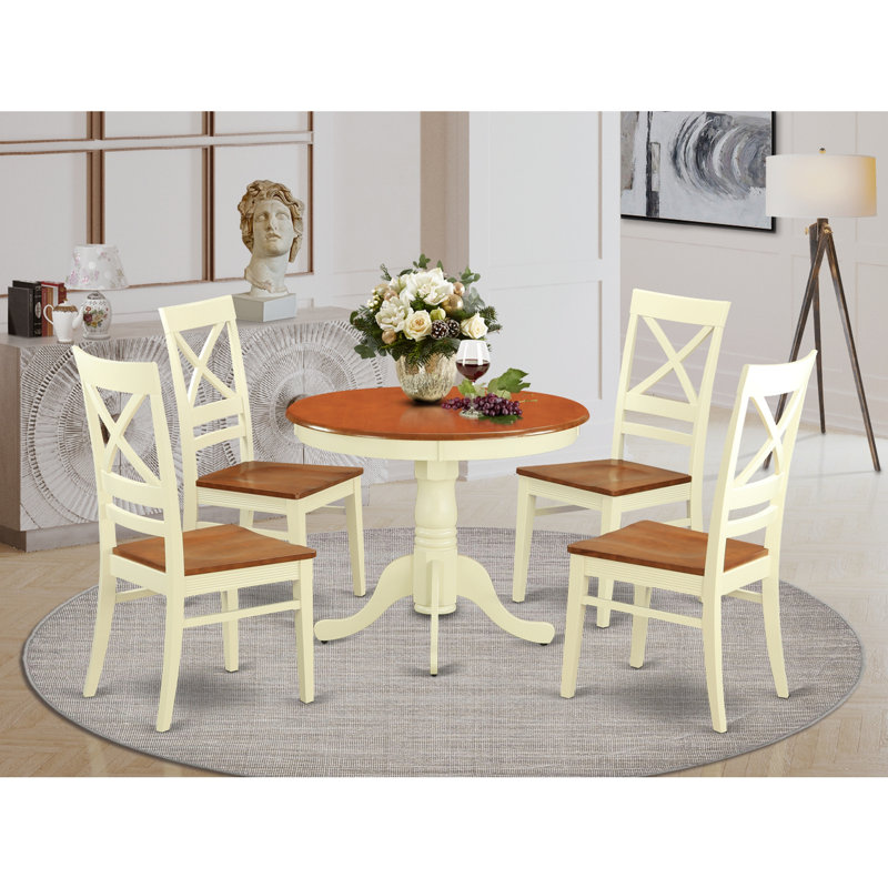 5-Piece Round Black Finish Solid Wood Top Dining table with 4 Chairs with Lattice Back, Buttermilk/Cherry