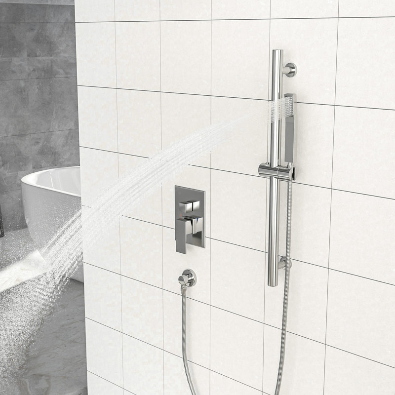 Douche carrée de 12 pouces en nickel brossé - Barre coulissante réglable, soupape équilibrée et composant portatif avec tête